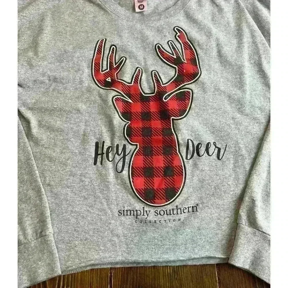 Simply Southern Hey Deer Long Sleeve Crop Top Medium Buffalo Plaid - Picture 5 of 7